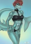  2020 anthro breasts brown_eyes brown_hair digital_media_(artwork) etskuni eyebrows eyelashes female fish hair hi_res marine midriff navel non-mammal_breasts shark smile solo teeth 