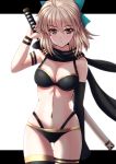  1girl absurdres bikini black_bikini black_scarf blonde_hair blue_ribbon bracelet breasts eyebrows_visible_through_hair fate/grand_order fate_(series) hair_ribbon hand_on_weapon highres jewelry katana looking_at_viewer medium_breasts medium_hair okita_souji_(alter)_(fate) okita_souji_(fate)_(all) okita_souji_(swimsuit_assassin)_(fate) open_mouth ribbon sawwei005 scarf solo swimsuit sword thighs waist weapon white_background yellow_eyes 