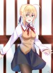  1girl absurdres ahoge alternate_costume artoria_pendragon_(all) black_legwear black_skirt blonde_hair blue_ribbon brown_vest collared_shirt cross_print fate/stay_night fate_(series) green_eyes hair_bun hair_ribbon highres homurahara_academy_uniform long_sleeves medium_skirt neck_ribbon pantyhose print_ribbon red_ribbon ribbon saber school_uniform shirt sii_artatm skirt solo vest white_shirt 