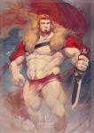  1boy bara beard bulge cape character_name facial_hair fate/grand_order fate/zero fate_(series) highres holding holding_sword holding_weapon iskandar_(fate) luerstine male_focus male_pubic_hair male_underwear navel pubic_hair red_cape red_eyes red_hair shirtless sword thighs underwear weapon 