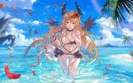  1girl ass_visible_through_thighs bikini bird black_choker black_wings blonde_hair blue_sky breasts choker cleavage cloud cloudy_sky commentary dark_angel_olivia day feathered_wings feathers flower frilled_bikini frills granblue_fantasy hair_flower hair_ornament hand_in_hair highres horns large_breasts long_hair looking_at_viewer navel niii ocean open_mouth outdoors palm_tree red_eyes red_flower sky smile solo sparkle splashing spread_wings standing swimsuit thigh_gap tree very_long_hair wet white_bikini wings 