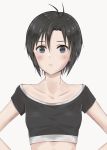  1girl antenna_hair bangs black_eyes black_hair blush breasts closed_mouth collarbone crop_top eyebrows_visible_through_hair hair_between_eyes hands_on_hips highres idolmaster idolmaster_(classic) kikuchi_makoto looking_at_viewer mogskg off-shoulder_shirt off_shoulder shiny shiny_hair shirt short_hair short_sleeves simple_background small_breasts solo upper_body white_background 