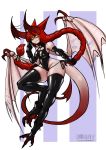  2018 animal_humanoid breasts bumbleborb cleavage clothed clothing demon demon_humanoid female gloves glowing glowing_eyes hair handwear hi_res horn humanoid hybrid membrane_(anatomy) membranous_wings red_hair rubber smile solo spade_tail thick_thighs wings 