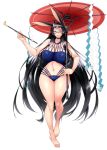  1girl animal_ears ayato azur_lane black_hair blue_swimsuit breasts bunny_ears bunny_girl covered_nipples glasses highres holding holding_umbrella huge_breasts long_hair looking_at_viewer oriental_ornament oriental_umbrella ornament pipe pipe_on_hand red_umbrella smile solo souryuu_(azur_lane) swimsuit tankini thick_thighs thighs two-piece_swimsuit umbrella very_long_hair wide_hips 