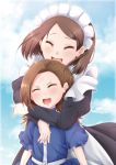  2girls :d anne_shelley apron arms_around_neck asymmetrical_bangs bangs black_dress blue_dress blue_sky brown_hair closed_eyes cloud cloudy_sky commentary day dress facing_viewer forehead_scar frilled_sleeves frills happy highres hug hug_from_behind juliet_sleeves kaigara_suupu katarina_claes long_dress long_sleeves maid maid_apron maid_headdress medium_hair multiple_girls open_mouth otome_game_no_hametsu_flag_shika_nai_akuyaku_reijou_ni_tensei_shite_shimatta outdoors puffy_sleeves short_hair short_sleeves sky smile standing swept_bangs v-shaped_eyebrows white_apron 