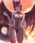  1girl alatreon black_hair breasts claws cleavage dragon_girl dragon_horns dragon_tail dragon_wings grey_skin highres horns mcdobo medium_breasts monster_hunter monster_hunter:_world personification red_eyes scales short_hair solo tail wings 