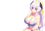  bikini blush bow breasts cleavage cropped erect_nipples fate/grand_order fate_(series) horns kiyohime_(fate/grand_order) long_hair onsoku_inu ponytail red_eyes swimsuit white white_hair 