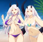  2girls beach bikini breasts cleavage collarbone elf epic7 eyebrows_visible_through_hair hand_up highres horns long_hair looking_at_viewer looking_down luna_(epic7) medium_breasts multiple_girls navel ocean ocean_bottom open_mouth pointy_ears purple_bikini red_eyes silver_hair smile stomach swimsuit talnory thighs torn_bikini white_bikini white_hair yufine_(epic7) 