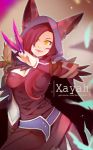  1girl aa2233a animal_ears facial_mark feathers hair_over_one_eye hood league_of_legends long_hair looking_at_viewer nose_piercing piercing red_hair solo vastaya whisker_markings xayah yellow_eyes 