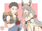  1boy 1girl :d animal_ear_fluff animal_ears bare_shoulders breasts brown_gloves chest_jewel cleavage detached_sleeves facial_mark fangs gloves grin heart_hand_thumb_up_duo highres low_ponytail niyah niyah_(blade) open_mouth pink_background rex_(xenoblade_2) signature silver_hair small_breasts smile white_background xenoblade_(series) xenoblade_2 yamanata 