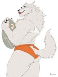  2020 absurd_res anthro bottomwear butt canid canine canis clothed clothing fur furgonomics hair hi_res hotpants licking licking_lips looking_at_viewer male mammal mane mane_hair muscular muscular_male pencil_(object) repzzmonster shorts simple_background skimpy solo tongue tongue_out white_body white_fur wolf 