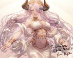  1girl arabian_clothes armlet bare_shoulders belly_dancing blue_eyes braid breasts cleavage collarbone commentary_request commission demon_horns draph dress granblue_fantasy hair_ornament hair_over_one_eye horns ivris jewelry large_breasts laurel_crown lavender_hair long_hair looking_at_viewer narmaya_(granblue_fantasy) navel neck_ring open_mouth pointy_ears single_braid smile solo very_long_hair 