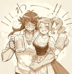 1boy 1girl :d arm_around_neck arm_around_waist beer_mug blush breasts cleavage collarbone couple cup dande_(pokemon) drunk facing_viewer german_clothes grin holding holding_cup long_hair medium_breasts mug nokataro open_mouth pokemon pokemon_(game) pokemon_swsh sepia shiny shiny_hair shirt short_sleeves side_ponytail simple_background sketch smile sonia_(pokemon) striped_apron white_background 