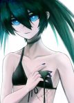  1girl absurdres bangs bikini bikini_top black_bikini black_hair black_rock_shooter black_rock_shooter_(character) blue_eyes blue_lips blue_nails choker closed_mouth collarbone eyebrows_visible_through_hair flat_chest hair_between_eyes highres long_hair looking_at_viewer ly_(pixiv13839236) nail_polish scar shiny shiny_hair simple_background solo swimsuit twintails untied untied_bikini upper_body white_background 