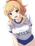  1girl alternate_costume arm_behind_back bangs blonde_hair blue_eyes blush breasts buruma character_name collarbone commentary_request cowboy_shot eyebrows_visible_through_hair hair_ornament hair_scrunchie heart idolmaster idolmaster_cinderella_girls large_breasts leaning_forward long_hair looking_at_viewer ootsuki_yui open_mouth pataniito red_scrunchie scrunchie shirt short_sleeves simple_background smile solo upper_teeth wavy_hair white_background white_shirt 