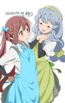  2girls absurdres ao_iro apron arm_warmers asagumo_(kantai_collection) bangs blue_apron blush braid brown_hair closed_eyes dated eyebrows_visible_through_hair grey_eyes grey_hair grey_skirt hair_braid hair_ornament hair_ribbon hair_scrunchie hairband highres kantai_collection long_hair multiple_girls open_mouth ribbon scrunchie shirt short_sleeves signature simple_background skirt suspender_skirt suspenders twintails white_background white_shirt yamagumo_(kantai_collection) 