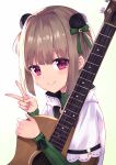  1girl bow brown_hair green_bow guitar hair_bow hair_ornament harvest_moon_(youtube) highres instrument long_sleeves looking_at_viewer masaki_(msk064) red_eyes short_hair simple_background smile tsukinowa_noa upper_body v white_background 
