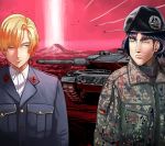  2boys black_hair blonde_hair blue_eyes commentary_request ground_vehicle military military_uniform military_vehicle motor_vehicle multiple_boys nogami_takeshi official_art tank uniform upper_body warlords_of_sigrdrifa weapon_request 