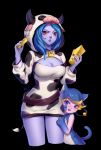  1girl alistar alternate_costume animal_ears artist_name bell blue_hair breasts cat_ears cleavage cow_bell genderswap genderswap_(mtf) highres kezi league_of_legends medium_breasts purple_eyes red_eyes tail 