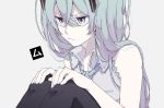  1girl :t bare_arms bare_shoulders black_legwear blue_eyes blue_hair close-up closed_mouth collared_shirt eiku eyebrows_visible_through_hair face fingernails frown grey_background grey_shirt hair_between_eyes half-closed_eyes hands_on_own_knees hatsune_miku jitome legs_together long_hair looking_afar pale_skin pout serious shaded_face shirt simple_background sitting sleeveless sleeveless_shirt solo thighhighs translation_request upper_body v-shaped_eyebrows very_long_hair vocaloid 