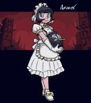 1girl alternate_costume angel apron azazel_(helltaker) bangs black_hair blue_eyes bow breasts character_name collared_shirt commentary dress enmaided frilled_apron frilled_dress frills full_body gloves hair_ribbon halo helltaker holding looking_at_viewer maid maid_headdress mateus_upd medium_breasts puffy_short_sleeves puffy_sleeves ribbon shirt shoe_bow shoes short_hair short_sleeves smile solo waist_apron white_dress white_footwear white_gloves yellow_bow 