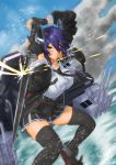  1girl black_gloves black_jacket blue_sky breast_pocket breasts checkered checkered_neckwear cloud commentary_request eyepatch fur-trimmed_jacket fur_trim gloves headgear highres jacket kantai_collection large_breasts machinery mrdotd necktie partly_fingerless_gloves pocket purple_hair short_hair sky solo sword tenryuu_(kantai_collection) thighhighs water weapon yellow_eyes 