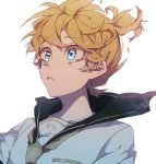  1boy bass_clef black_sailor_collar blonde_hair blue_sky close-up clothes_lift cloud cloudy_sky day eiku eyebrows_visible_through_hair face floating_hair hair_between_eyes high_ponytail kagamine_len leaning leaning_back looking_afar male_focus musical_note parted_lips ponytail reflection reflective_eyes sailor_collar shaded_face shirt short_ponytail simple_background sky tareme upper_body vocaloid white_background white_shirt wide-eyed yellow_neckwear 