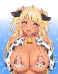  1girl ahoge animal_ears animal_print bare_shoulders bell bell_collar bikini blonde_hair blue_background blue_eyes blush breasts cleavage collar comic_unreal commentary_request covered_nipples cow_bell cow_ears cow_horns cow_print dark_skin ear_tag elbow_gloves eyebrows_visible_through_hair gloves gradient gradient_background heart heart-shaped_pupils horns lactation large_breasts long_hair looking_at_viewer masami_chie milk open_mouth saliva simple_background sleeveless solo sweat swimsuit symbol-shaped_pupils teeth tongue two-tone_background upper_body watermark white_background 
