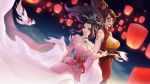  2girls alternate_costume bare_shoulders black_hair blue_eyes breasts brown_hair cleavage fish glasses highres janna_windforce jewelry kezi koi lantern_festival large_breasts league_of_legends long_hair multiple_girls ponytail shauna_vayne smile sunglasses tattoo 