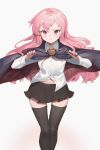  1girl :t black_legwear black_suit blush cape hair_between_eyes highres jam_(nandade) long_hair looking_at_viewer louise_francoise_le_blanc_de_la_valliere pink_eyes pink_hair riding_crop solo tattered_cape thighhighs thighs white_background zero_no_tsukaima 