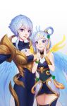  alternate_costume armlet bangs bare_shoulders blue_eyes bracelet breasts cleavage closed_mouth covered_navel dawnbringer_riven hair_between_eyes hair_ornament highres jewelry kezi league_of_legends looking_at_viewer lunar_empress_lux luxanna_crownguard medium_breasts navel riven_(league_of_legends) short_hair silver_hair smile standing white_background white_hair wings 