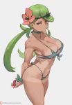  1girl arms_behind_back bangs bikini breasts cleavage closed_mouth collarbone commentary cutesexyrobutts eyelashes flower green_bikini green_eyes green_hair hair_flower hair_ornament highres holding holding_poke_ball long_hair mao_(pokemon) pink_flower poke_ball poke_ball_(basic) pokemon pokemon_(game) pokemon_sm smile solo swept_bangs swimsuit tan tanline trial_captain twintails watermark web_address 