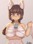  2019 anthro beverage black_hair black_nose blush bodily_fluids breasts canid eyebrow_through_hair eyebrows female hair hands-free_bubble_tea hi_res mammal meme mofumofumachine navel simple_background solo straw_in_mouth sweat sweatdrop translucent translucent_hair 