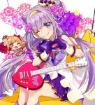  1girl ;) aisaki_emiru asymmetrical_sleeves bangs character_doll double_bun eru eyebrows_visible_through_hair frilled_gloves frills gloves guitar headset hugtto!_precure instrument long_hair looking_at_viewer microphone miniskirt one_eye_closed pleated_skirt precure purple_eyes purple_gloves purple_hair purple_skirt ruru_amour shiny shiny_hair sitting skirt smile solo twintails very_long_hair 