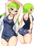  1girl adjusting_clothes adjusting_swimsuit armpits arms_up ass back bangs blue_eyes blunt_bangs blush breasts cleavage commentary cropped_legs domino_mask from_behind frown green_hair highres inkling long_hair looking_at_viewer looking_back mask medium_breasts multiple_views old_school_swimsuit open_mouth penguin_maru_(penginmaru) pointy_ears school_swimsuit simple_background splatoon_(series) standing sweatdrop swimsuit tentacle_hair white_background 