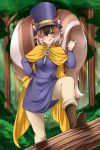  1girl ;) a_hat_in_time animal_ear_fluff animal_ears beige_pants boots breasts brown_hair cape closed_mouth commission cosplay ears_through_headwear eyebrows_visible_through_hair forest hair_between_eyes hand_on_hip hat hat_kid hat_kid_(cosplay) lindaroze long_sleeves looking_at_viewer monster_girl_encyclopedia nature one_eye_closed original pants purple_headwear ratatoskr_(monster_girl_encyclopedia) short_hair smile solo squirrel_ears squirrel_girl squirrel_tail tail thumbs_up tongue tongue_out top_hat tree yellow_cape zipper_pull_tab 