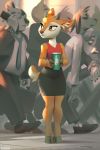  2020 2:3 anthro bottomwear bovid briefcase canid canine cellphone clothing crowd cup eyes_closed felid feline female group holding_object mammal miles_df pants phone shirt skirt solo_focus suit tank_top topwear 