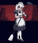  1girl alternate_costume apron bangs black_dress black_footwear black_nails blush broom character_name commentary demon_girl demon_horns demon_tail dress enmaided full_body helltaker holding holding_broom horns looking_at_viewer maid maid_apron maid_dress maid_headdress malina_(helltaker) mateus_upd neck_ribbon nose_blush pantyhose puffy_short_sleeves puffy_sleeves red_eyes red_ribbon ribbon shoes short_hair short_sleeves solo tail white_hair white_legwear wrist_cuffs 