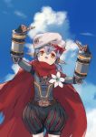  1girl android blue_sky cape cowboy_shot day flower hana_(xenoblade) hana_js hat joints orange_eyes outdoors purple_hair red_cape robot_ears robot_joints short_hair sky solo tick_toclock twintails white_flower xenoblade_(series) xenoblade_2 