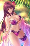  1girl bangs bare_shoulders bikini blush breasts cleavage collarbone emanon123 fate/grand_order fate_(series) flower hair_flower hair_ornament hibiscus highres kunai large_breasts leg_garter long_hair looking_at_viewer navel open_mouth purple_bikini purple_hair purple_sarong red_eyes sarong scathach_(fate)_(all) scathach_(swimsuit_assassin)_(fate) swimsuit weapon 