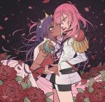  2girls aiguillette bindi blue_eyes crown dark_skin dress epaulettes flower green_eyes hand_on_another&#039;s_face highres holding_hands long_sleeves multiple_girls official_alternate_costume petals pink_hair purple_hair red_flower red_rose rosarian666 rose rose_petals shoujo_kakumei_utena shoujo_kakumei_utena_adolescence_mokushiroku sleeveless wrist_cuffs 