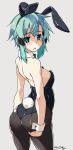  1girl :&lt; animal_ears aqua_eyes aqua_hair ass bare_shoulders black_legwear black_leotard breasts bunny_ears bunny_girl bunny_tail bunnysuit commentary_request dated detached_collar fake_animal_ears fake_tail from_behind grey_background hair_ornament hairclip hand_on_own_ass highres leotard looking_at_viewer looking_back medium_breasts pantyhose shikei shiny shiny_hair short_hair signature simple_background sinon solo standing strapless strapless_leotard sword_art_online tail wrist_cuffs 