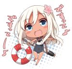  1girl :d bare_arms bare_legs bare_shoulders blue_eyes bracelet chibi commentary_request crop_top flower hair_flower hair_ornament jewelry kantai_collection lifebuoy long_hair nontraditional_school_swimsuit one-piece_swimsuit one-piece_tan open_mouth ro-500_(kantai_collection) sailor_collar school_swimsuit school_uniform serafuku smile solo swimsuit swimsuit_under_clothes tan tanline torpedo translation_request yume_no_owari 
