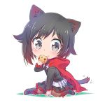  1girl absurdres animal_ears black_hair boots cat_ears cat_girl cat_tail chibi cloak cookie cross eating eyebrows_visible_through_hair food gradient_hair grey_eyes highres iesupa looking_at_viewer multicolored_hair red_hair ruby_rose rwby rwby_chibi simple_background sitting skirt solo tail two-tone_hair white_background 