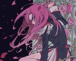  1girl bike_shorts blue_eyes crying crying_with_eyes_open epaulettes flower hair_blowing highres long_hair petals pink_flower pink_hair pink_rose plant profile rosarian666 rose rose_petals scratches shoujo_kakumei_utena solo tears tenjou_utena thorns vines 