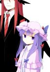  2girls bangs black_jacket blue_bow blunt_bangs bow capelet commentary_request crescent crescent_moon_pin dress hair_bow hat hat_bow head_wings height_difference jacket kazeharu koakuma long_hair looking_at_viewer mob_cap multiple_girls necktie patchouli_knowledge purple_dress purple_eyes purple_hair purple_headwear red_bow red_hair red_neckwear shirt simple_background star_(symbol) touhou upper_body white_background white_shirt wings 