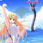  :d artifice_ophion blonde_hair blue_sky bouncing_breasts breasts earrings highres hikari_(xenoblade_2) jewelry large_breasts long_hair one-piece_swimsuit open_mouth outdoors re_saisei robot sky smile solo sun swimsuit tiara very_long_hair water white_swimsuit xenoblade_(series) xenoblade_2 