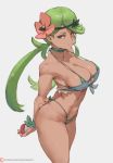  1girl arms_behind_back bangs bikini breasts cleavage closed_mouth collarbone commentary cutesexyrobutts eyelashes flower green_bikini green_eyes green_hair hair_flower hair_ornament highres holding holding_poke_ball long_hair mao_(pokemon) pink_flower poke_ball poke_ball_(basic) pokemon pokemon_(game) pokemon_sm smile solo swept_bangs swimsuit trial_captain twintails watermark web_address 