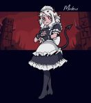  1girl alternate_costume apron bangs black_dress black_footwear black_horns blush boots breasts character_name commentary demon_girl demon_horns demon_tail dress enmaided frilled_dress frilled_sleeves frills frown full_body heart heart-shaped_pupils helltaker horns looking_at_viewer maid maid_dress maid_headdress mateus_upd modeus_(helltaker) puffy_short_sleeves puffy_sleeves red_eyes short_sleeves solo symbol-shaped_pupils tail thigh_boots thighhighs waist_apron 