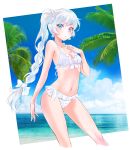  1girl beach bikini blue_eyes braid breasts cleavage cloud collarbone day earrings eyebrows_visible_through_hair feet_out_of_frame highres iesupa jewelry long_hair looking_at_viewer midriff navel ocean outdoors ponytail rwby scar scar_across_eye side_ponytail sky small_breasts snowflake_print solo standing stomach swimsuit water weiss_schnee white_bikini white_hair 
